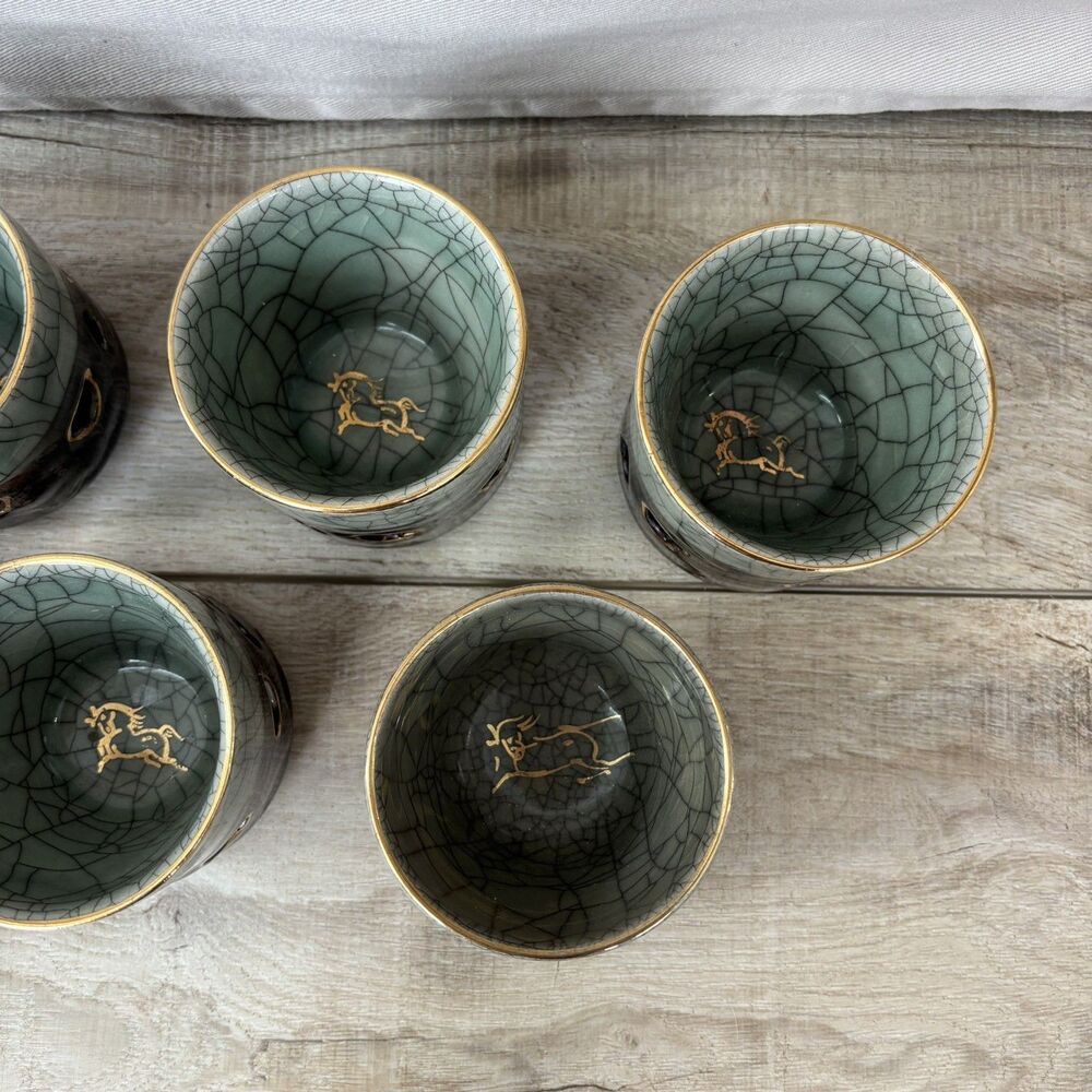 Vintage Somayaki Soma Ware Japan Double Wall Hearts Tea Cups Gold Horse Set of 7 - Picture 11 of 15